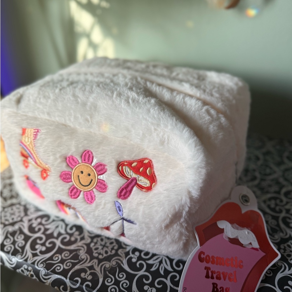 White Furry Cosmetic Travel Bag with Embroidered Designs
